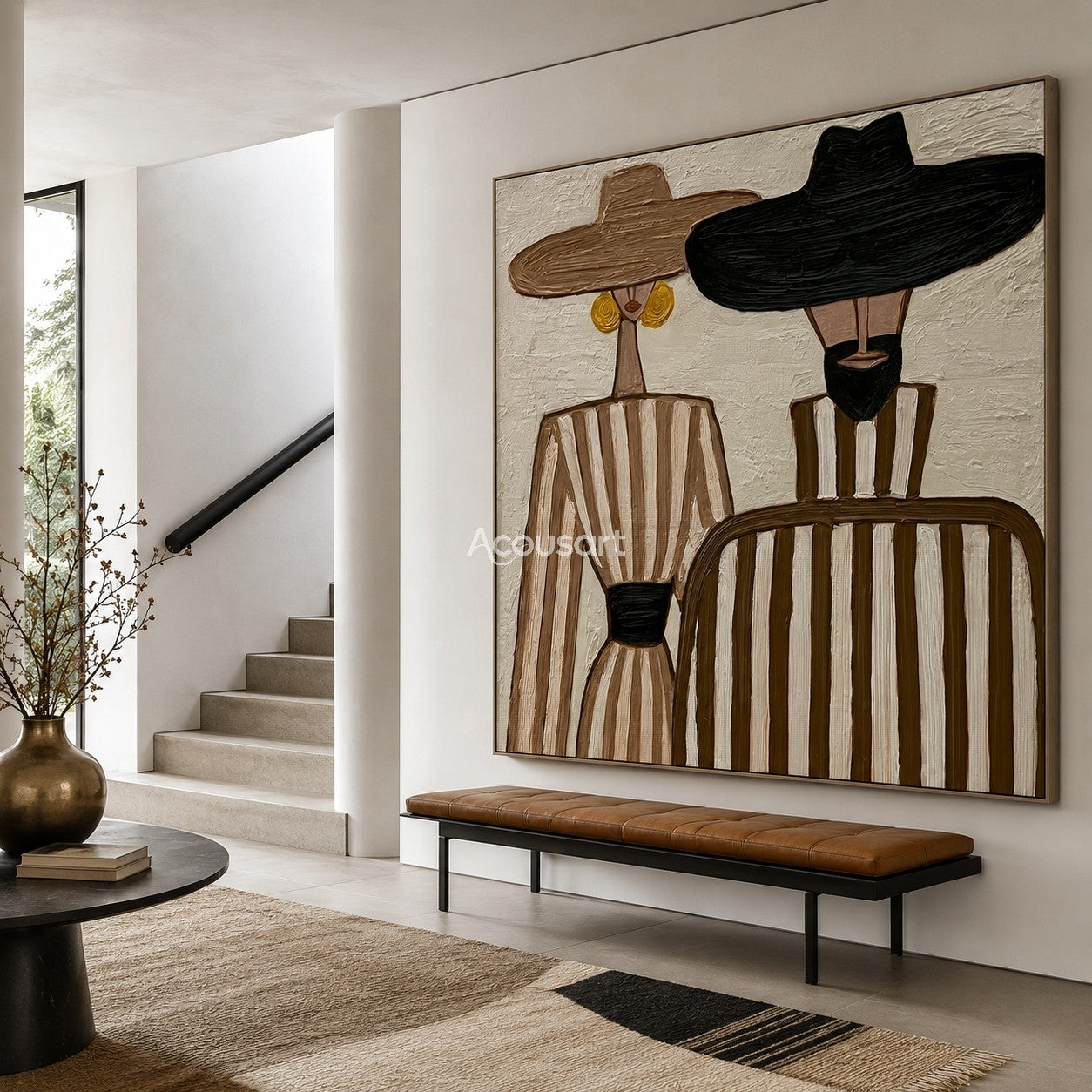 Textured abstract couple canvas art featuring a man and woman in wide-brim hats and striped outfits.