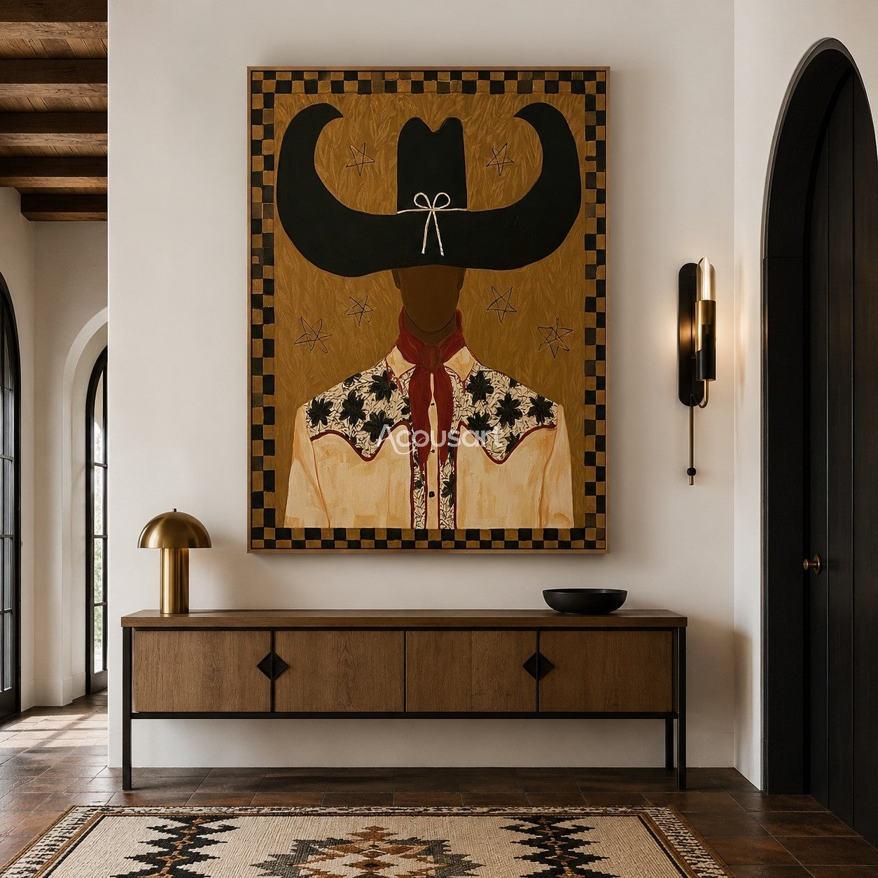 Textured black cowboy wall art featuring a cowboy with a longhorn-shaped hat, floral shirt, red scarf, and a checkered border.