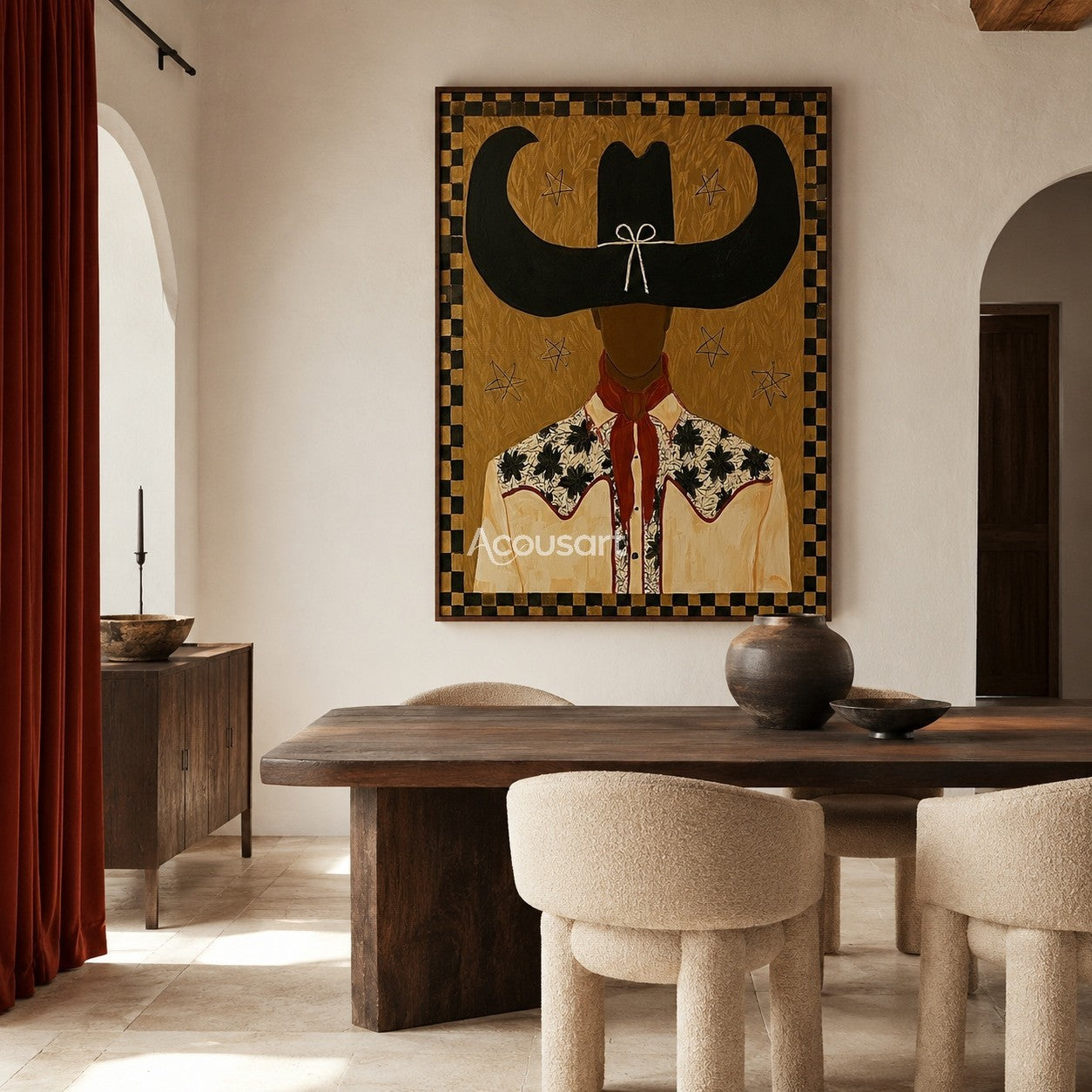 Textured black cowboy wall art featuring a cowboy with a longhorn-shaped hat, floral shirt, red scarf, and a checkered border.