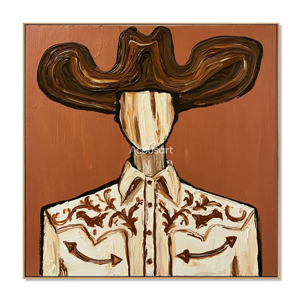 Textured cowboy wall art featuring a cowboy in a large brown hat and an embroidered western shirt against a terracotta background.