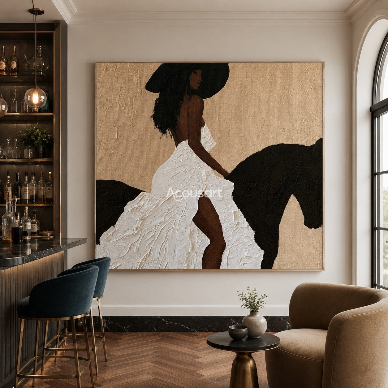 Textured black woman horse wall art featuring a woman in a thick white textured dress riding a black horse.