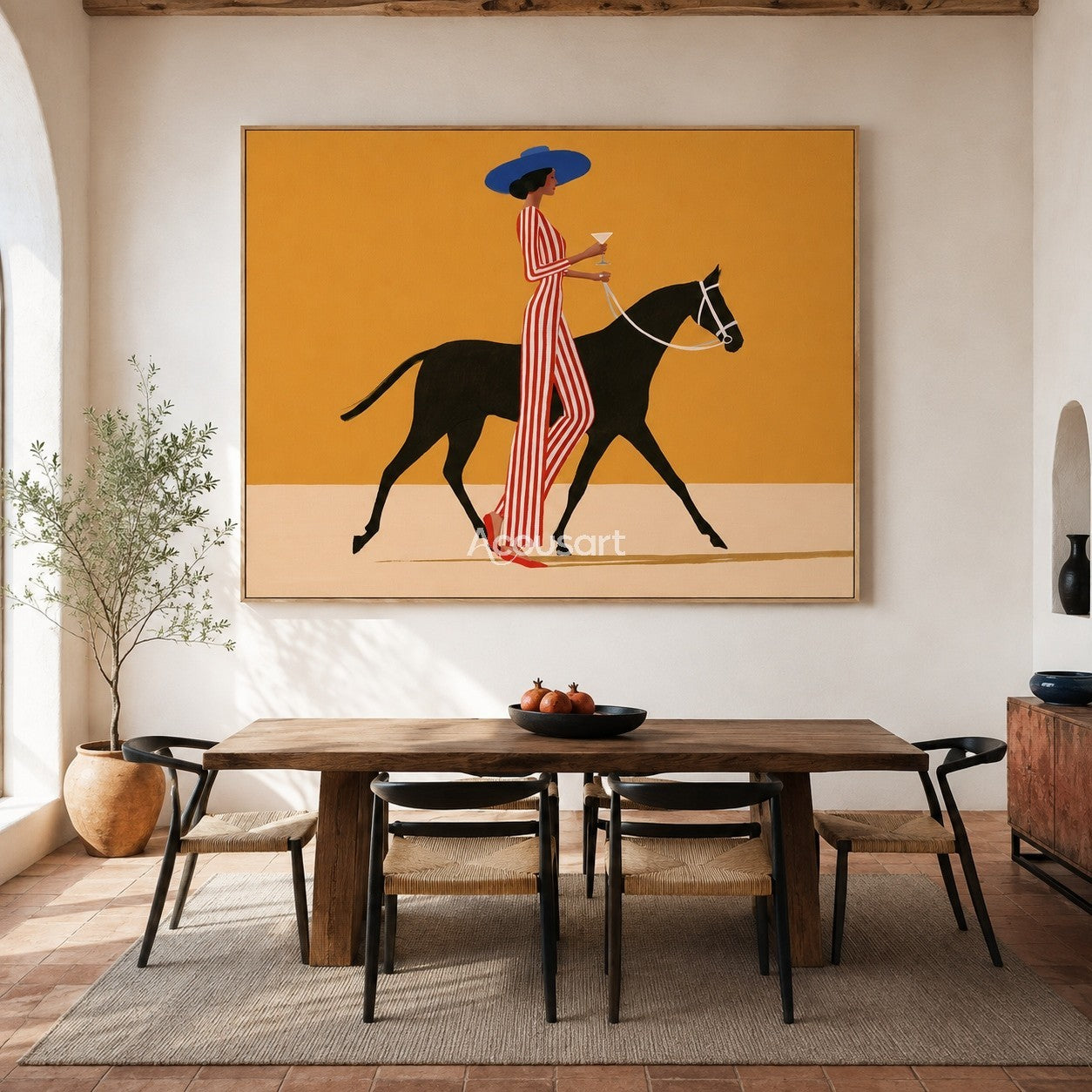Minimalist chic woman horse canvas art featuring a woman in a red striped jumpsuit leading a black horse under a yellow sky.
