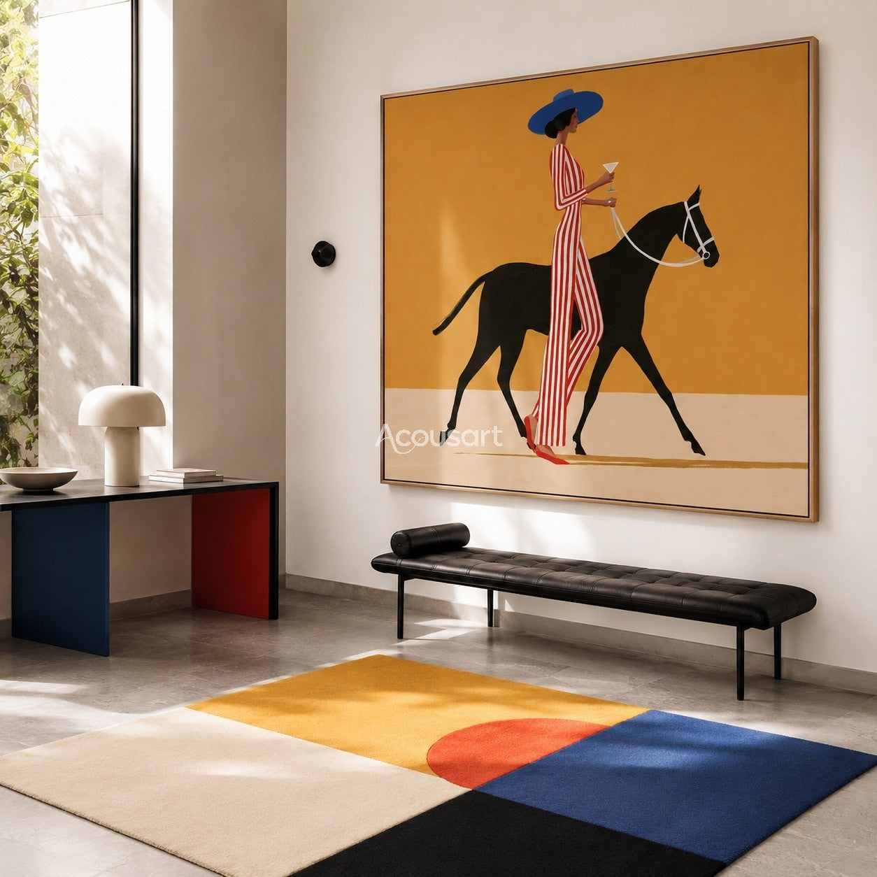 Minimalist chic woman horse canvas art featuring a woman in a red striped jumpsuit leading a black horse under a yellow sky.