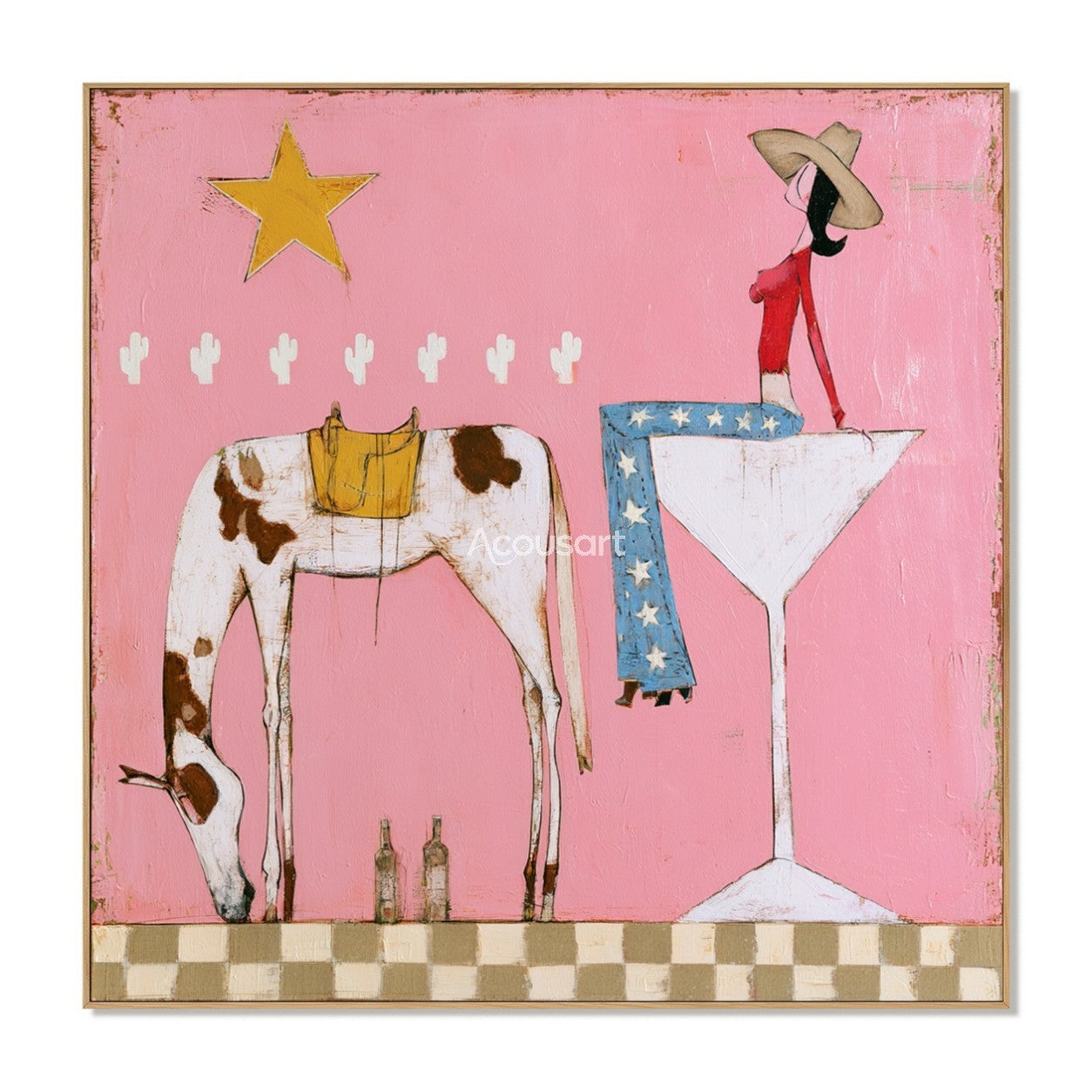 Whimsical pink cowgirl canvas art featuring a woman in star pants on a glass next to a spotted horse.