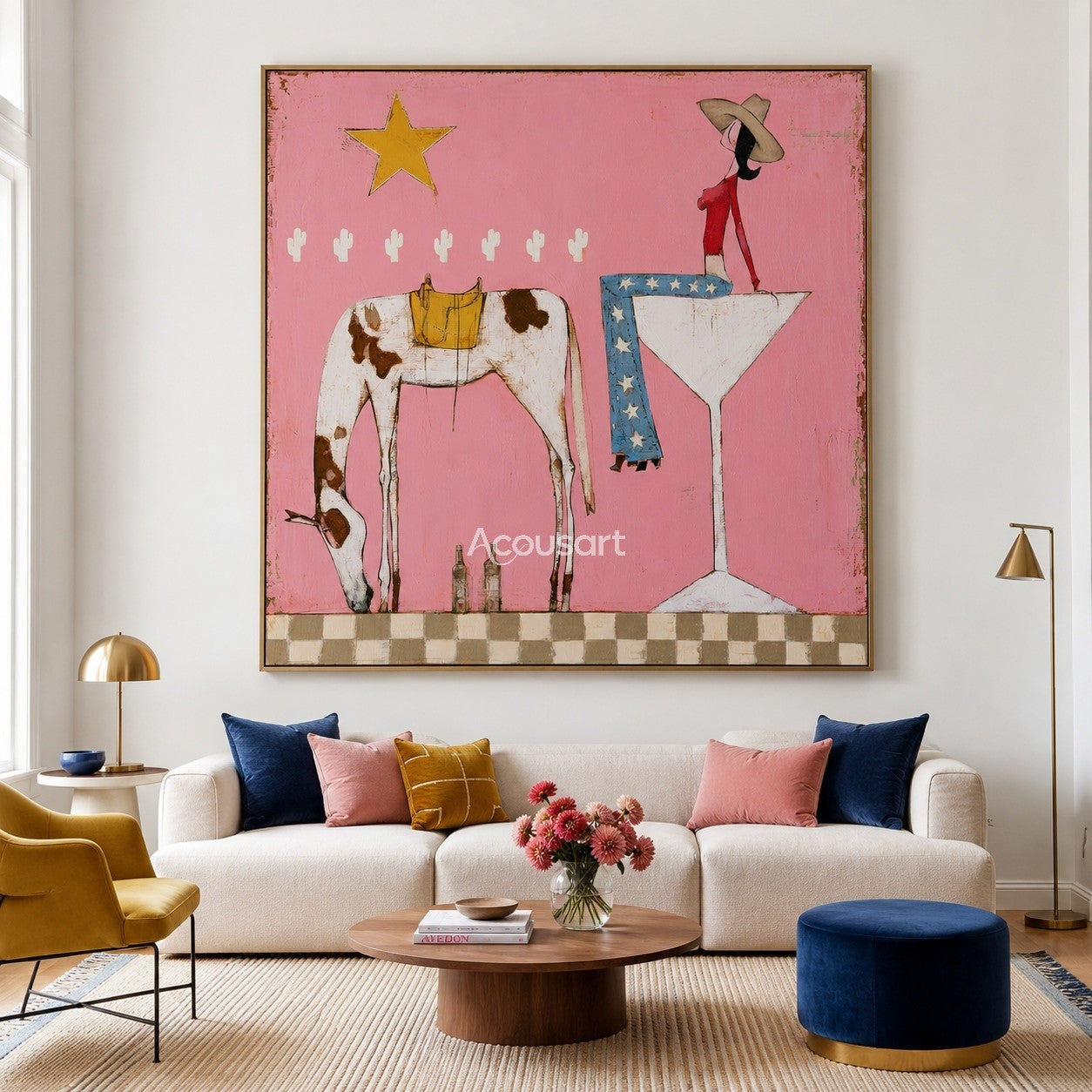 Whimsical pink cowgirl canvas art featuring a woman in star pants on a glass next to a spotted horse.