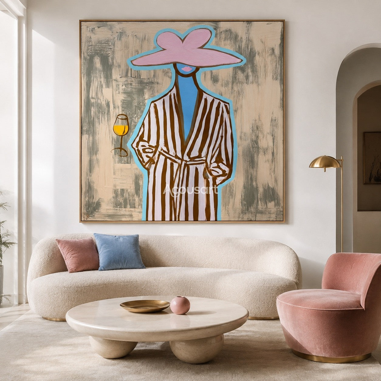 Trendy woman canvas painting featuring a figure in a pink sun hat and striped robe holding a drink.