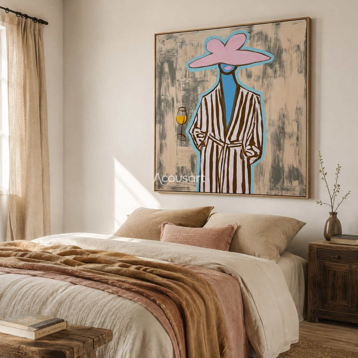 Trendy woman canvas painting featuring a figure in a pink sun hat and striped robe holding a drink.