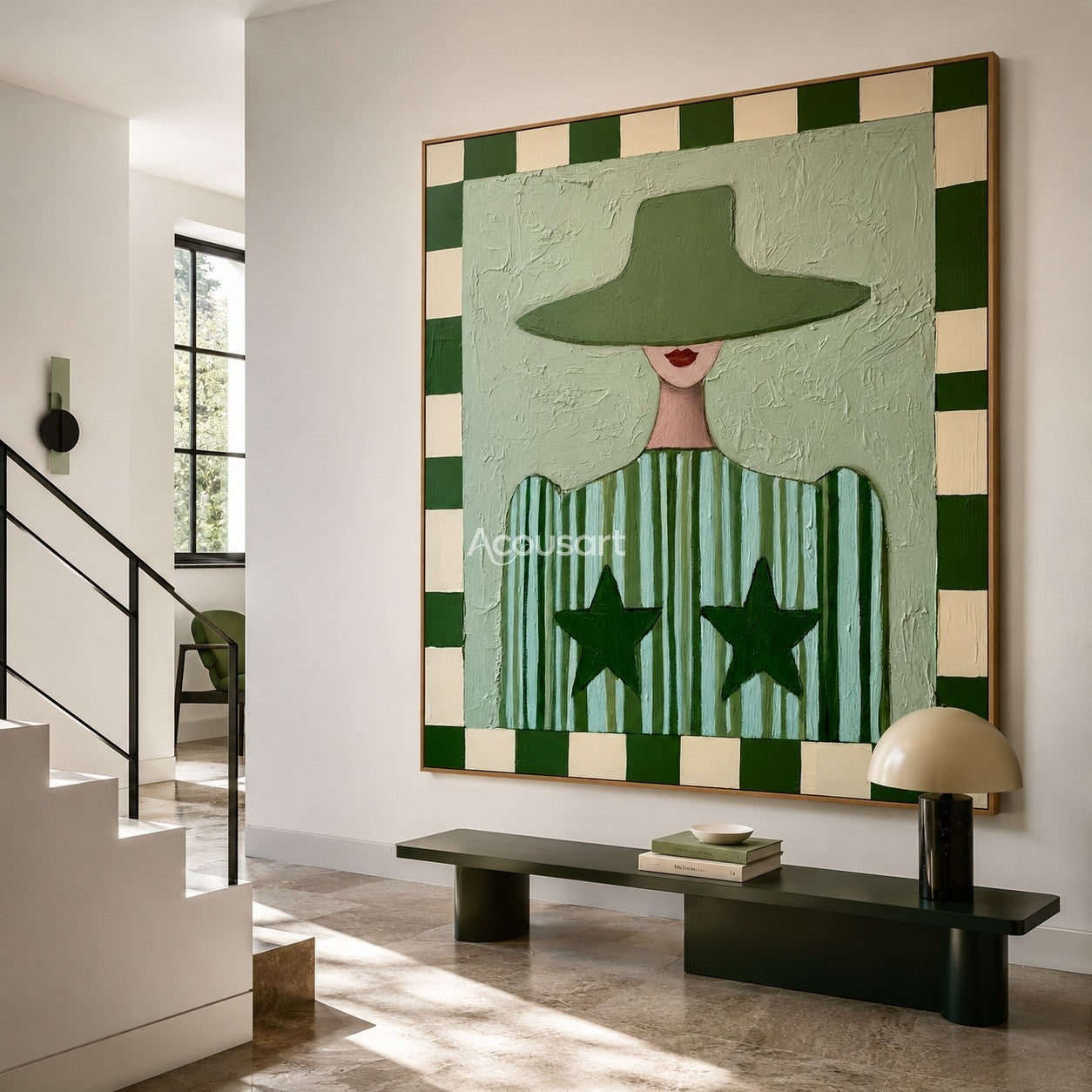 Textured green woman canvas painting featuring a figure in a wide hat, striped star shirt, and checkered border.