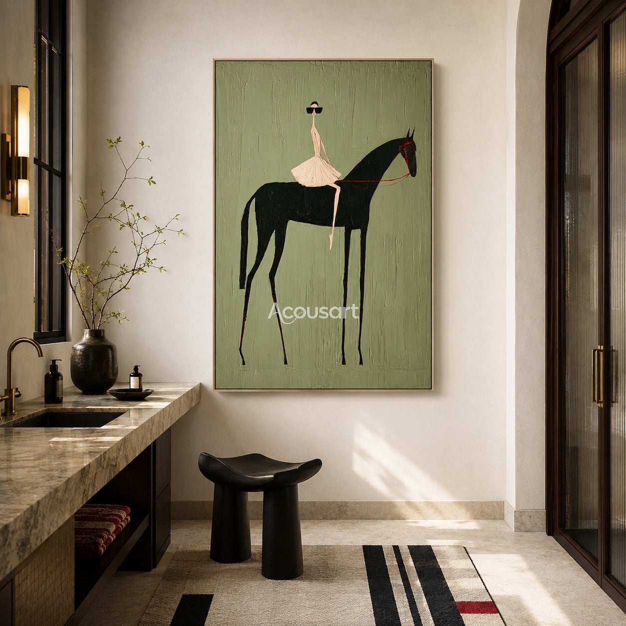 Western horse wall art with a fashionable rider on a black horse against a textured sage green background