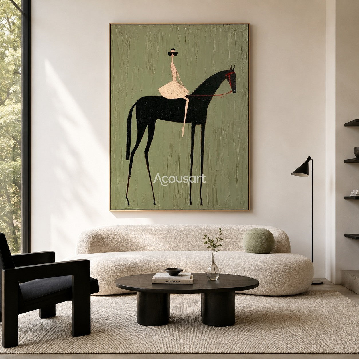 Western horse wall art with a fashionable rider on a black horse against a textured sage green background