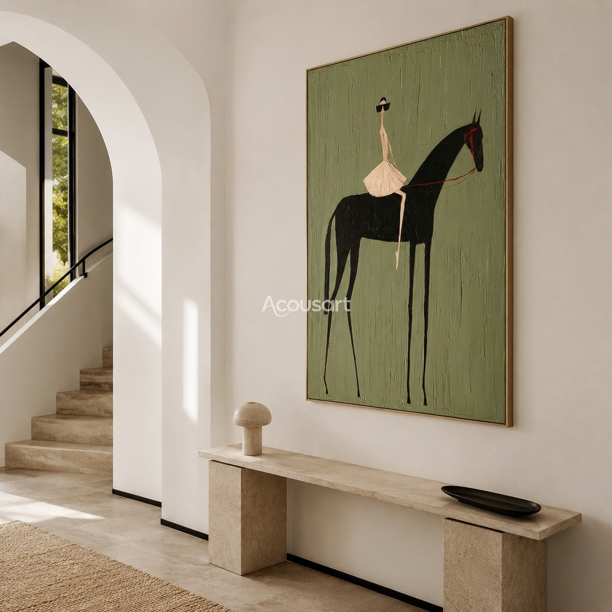 Western horse wall art with a fashionable rider on a black horse against a textured sage green background
