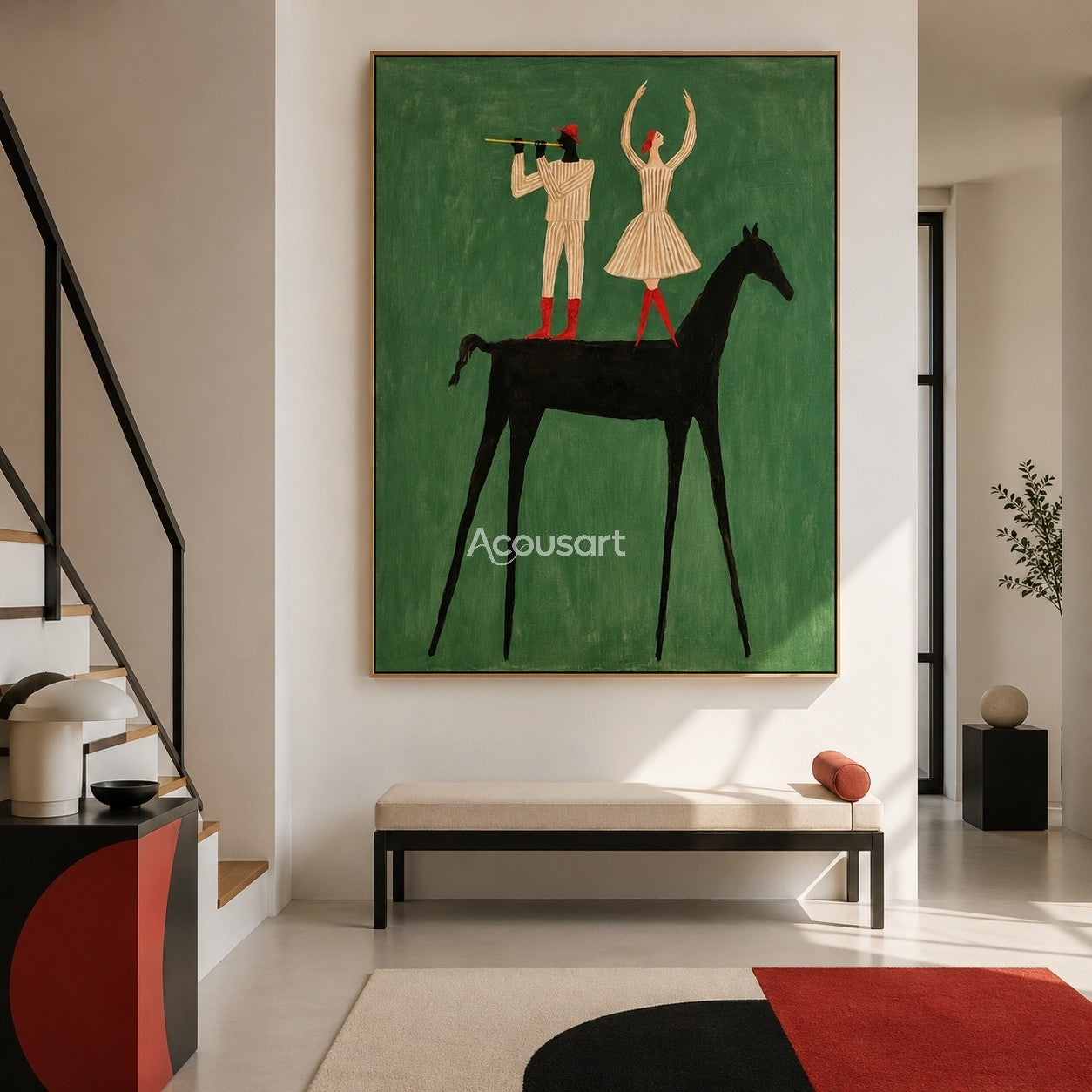 Western horse wall art with two performers standing on a black horse against a green background