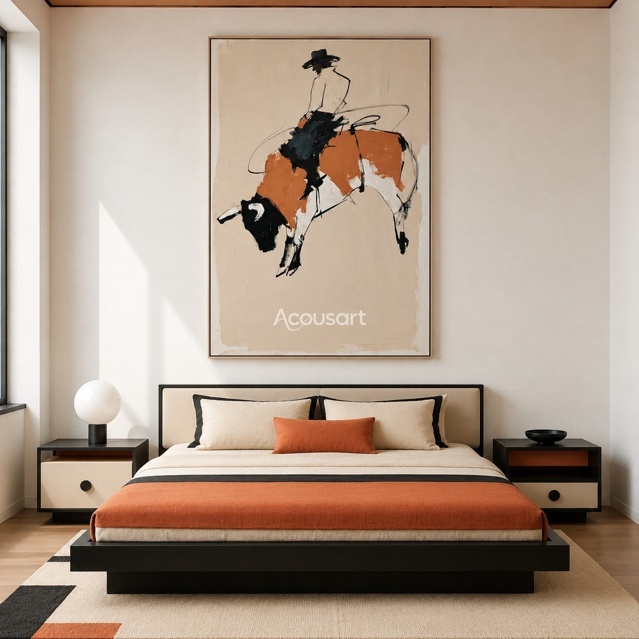 Western cowboy wall art showing a rider on a bucking bull with beige background and rustic rodeo style