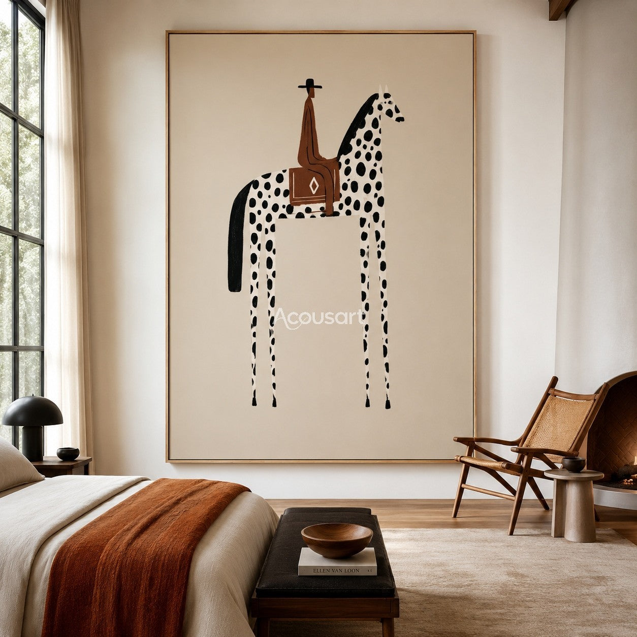 Western horse wall art with a rider on a black spotted white horse against a soft beige background