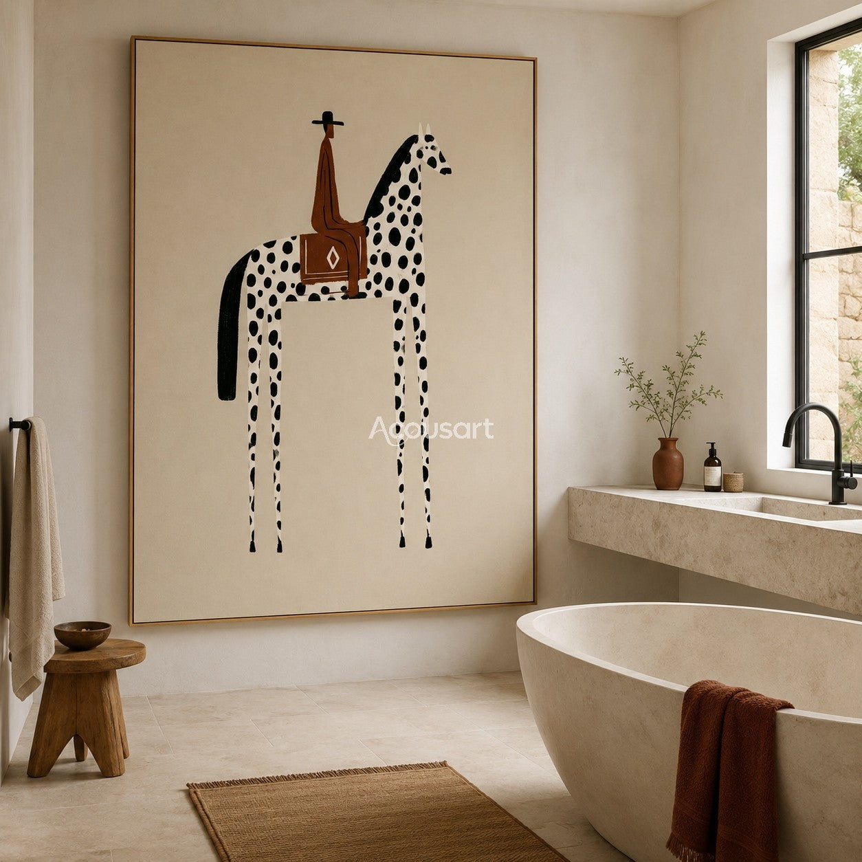 Western horse wall art with a rider on a black spotted white horse against a soft beige background