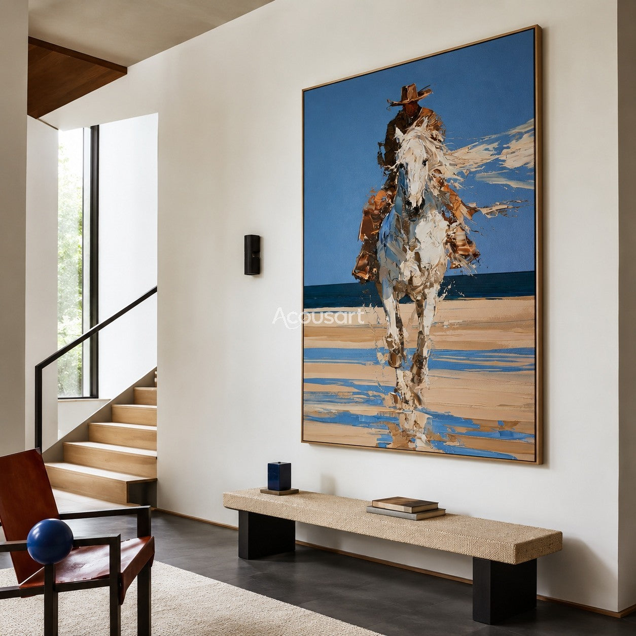 Western cowboy horse wall art showing a rider on a white horse running on a beach with blue sky and ocean