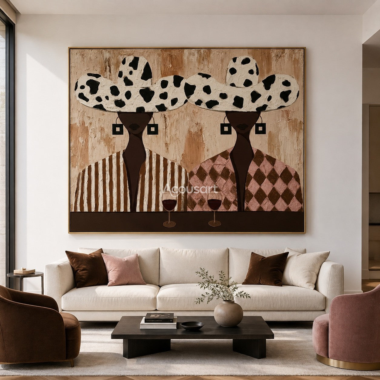 Modern figurative wall art showing two stylish people with patterned hats enjoying a wine evening in warm neutral tones