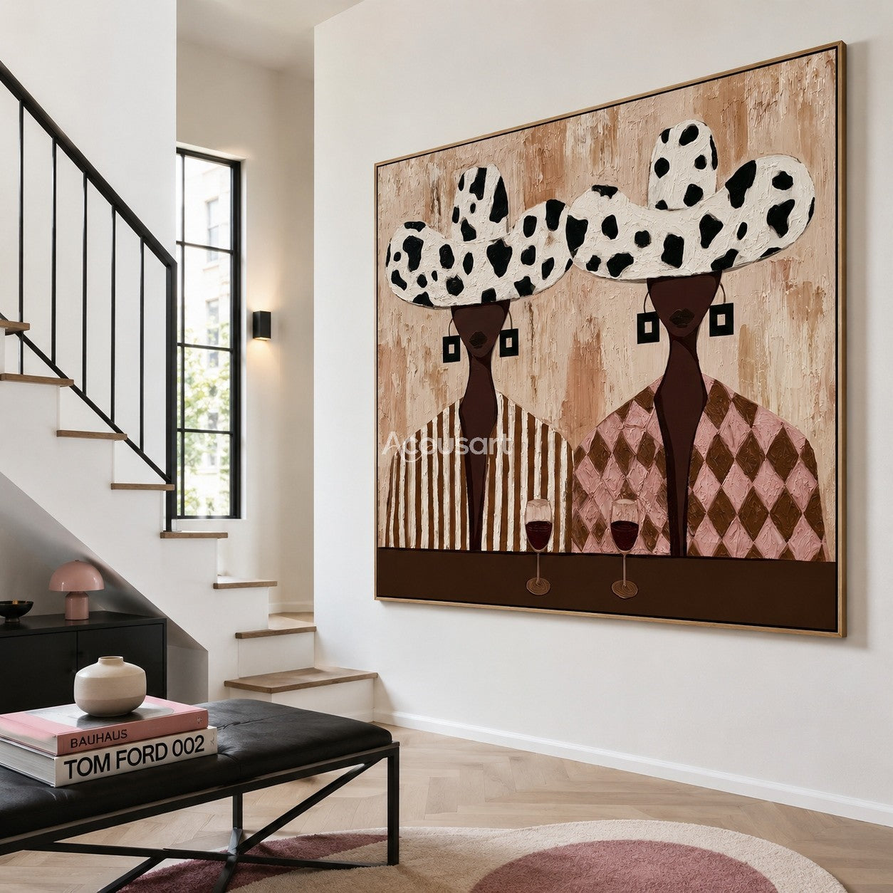Modern figurative wall art showing two stylish people with patterned hats enjoying a wine evening in warm neutral tones