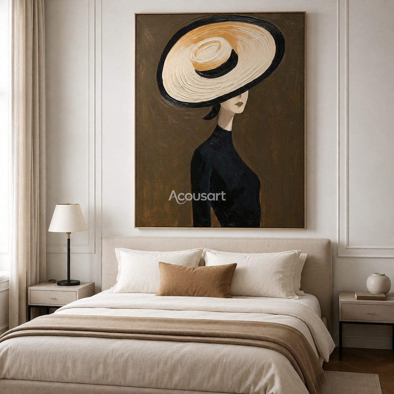 Minimalist portrait wall art of a woman wearing a large cream hat and black outfit on a dark brown background