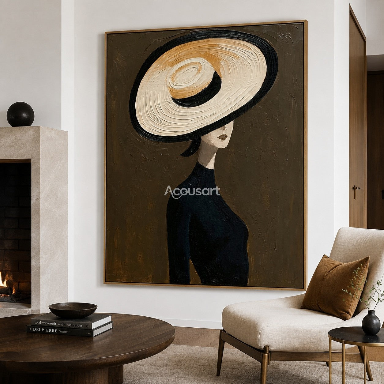 Minimalist portrait wall art of a woman wearing a large cream hat and black outfit on a dark brown background