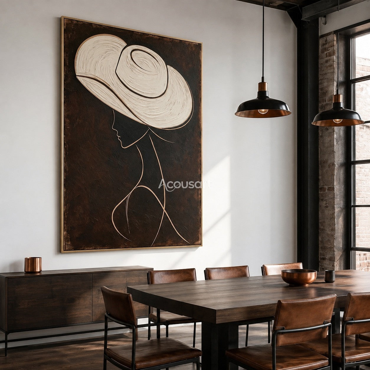 Minimalist fashion portrait wall art featuring a woman with a large white hat and elegant line details on a dark background