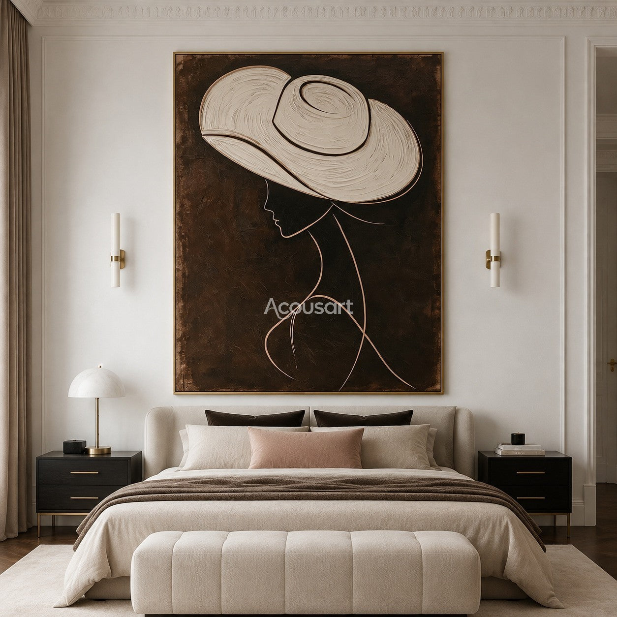 Minimalist fashion portrait wall art featuring a woman with a large white hat and elegant line details on a dark background