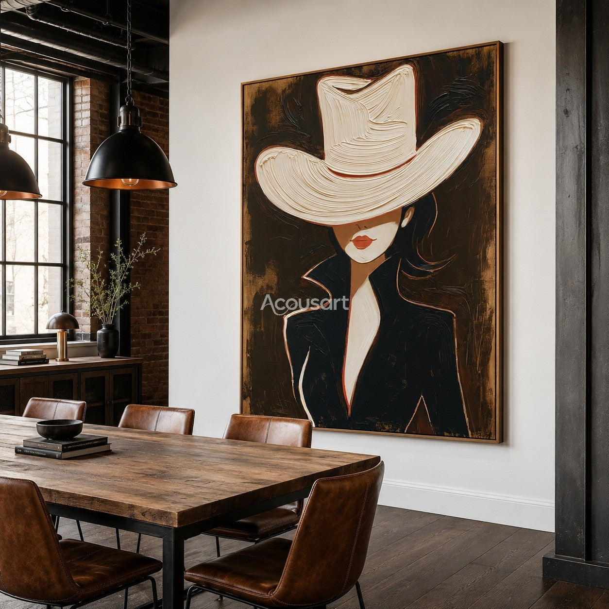 Modern cowgirl portrait wall art featuring a woman in a white cowboy hat and black jacket with textured brushstrokes
