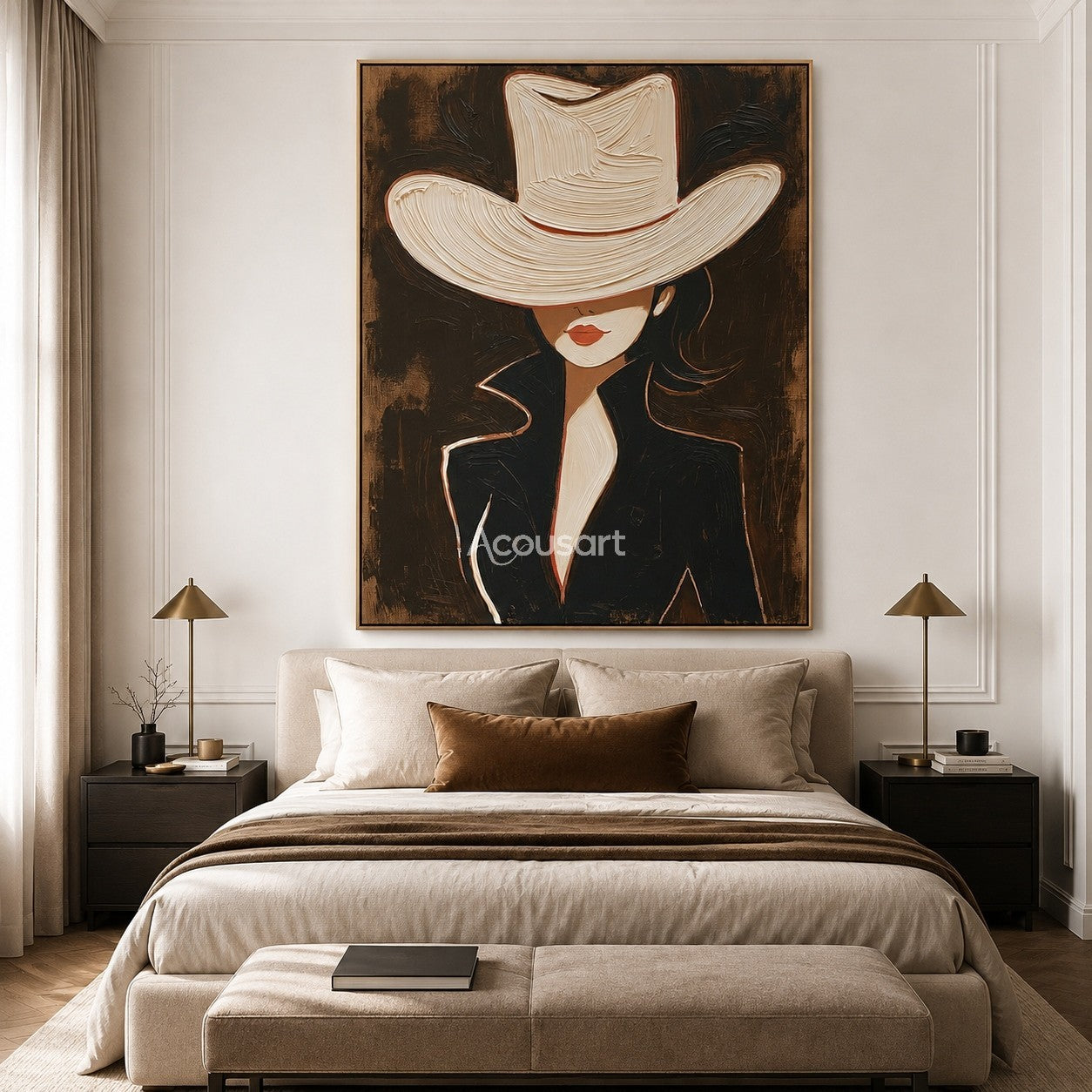 Modern cowgirl portrait wall art featuring a woman in a white cowboy hat and black jacket with textured brushstrokes