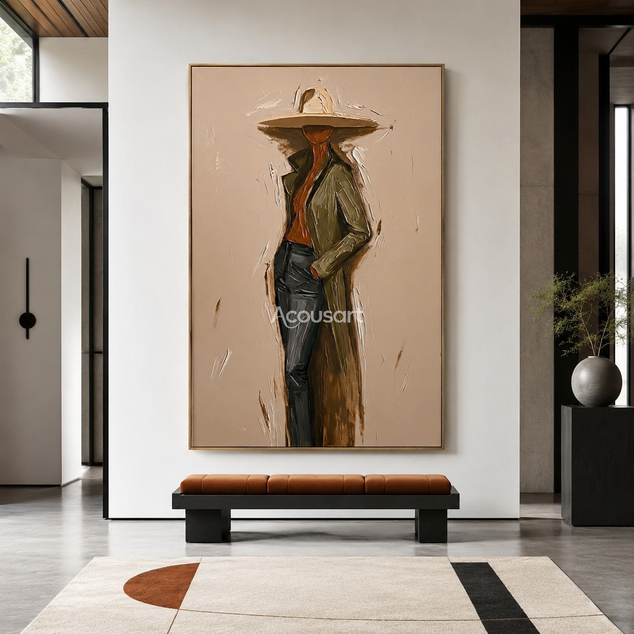 Modern figurative portrait wall art of a stylish person wearing a wide hat and coat in warm neutral colors