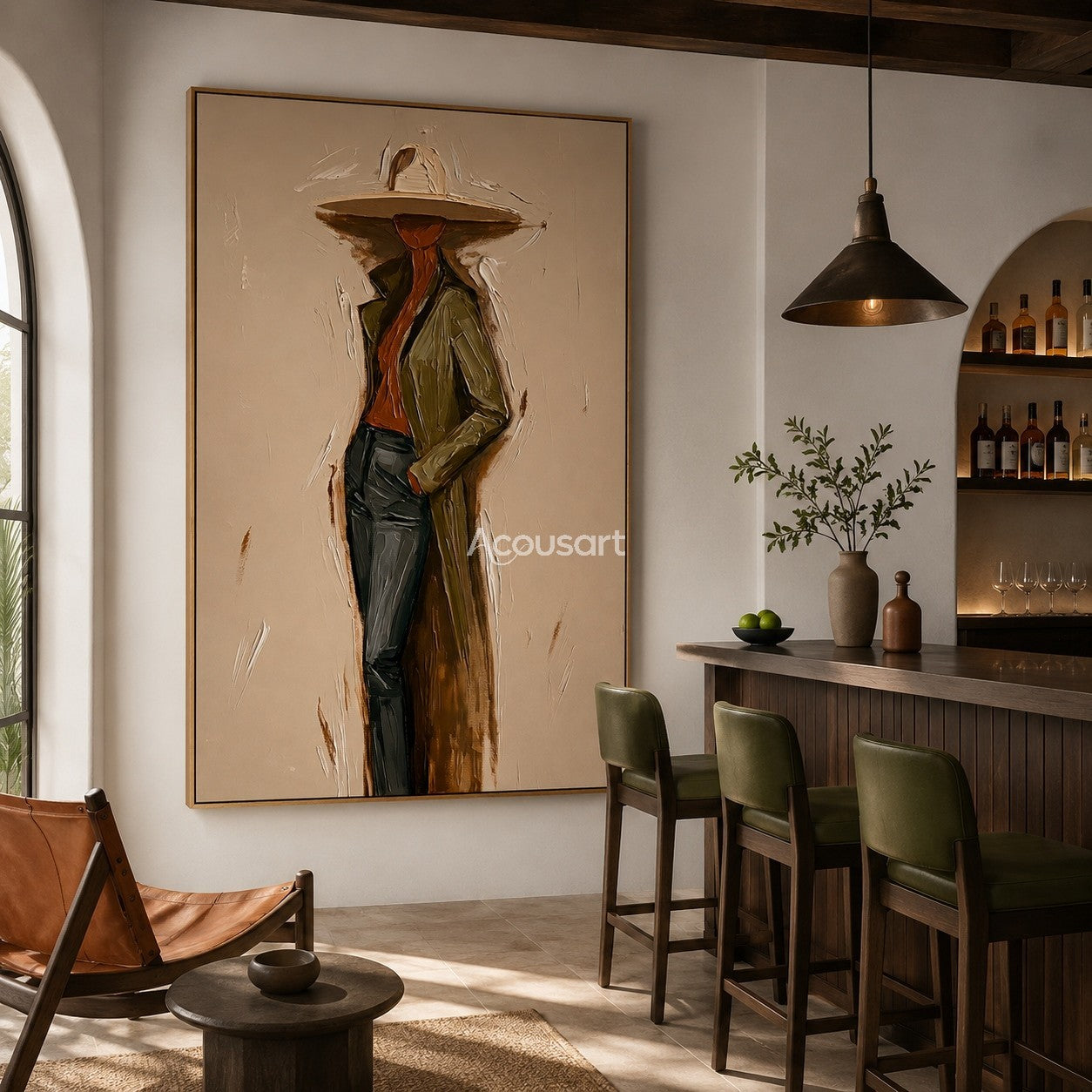 Modern figurative portrait wall art of a stylish person wearing a wide hat and coat in warm neutral colors