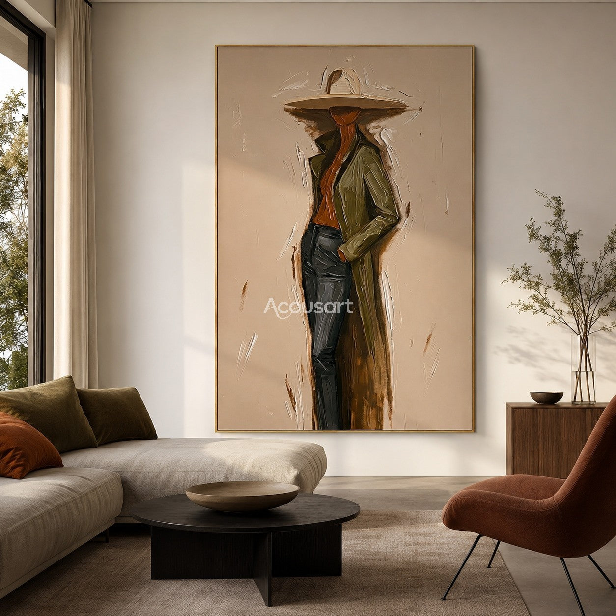 Modern figurative portrait wall art of a stylish person wearing a wide hat and coat in warm neutral colors