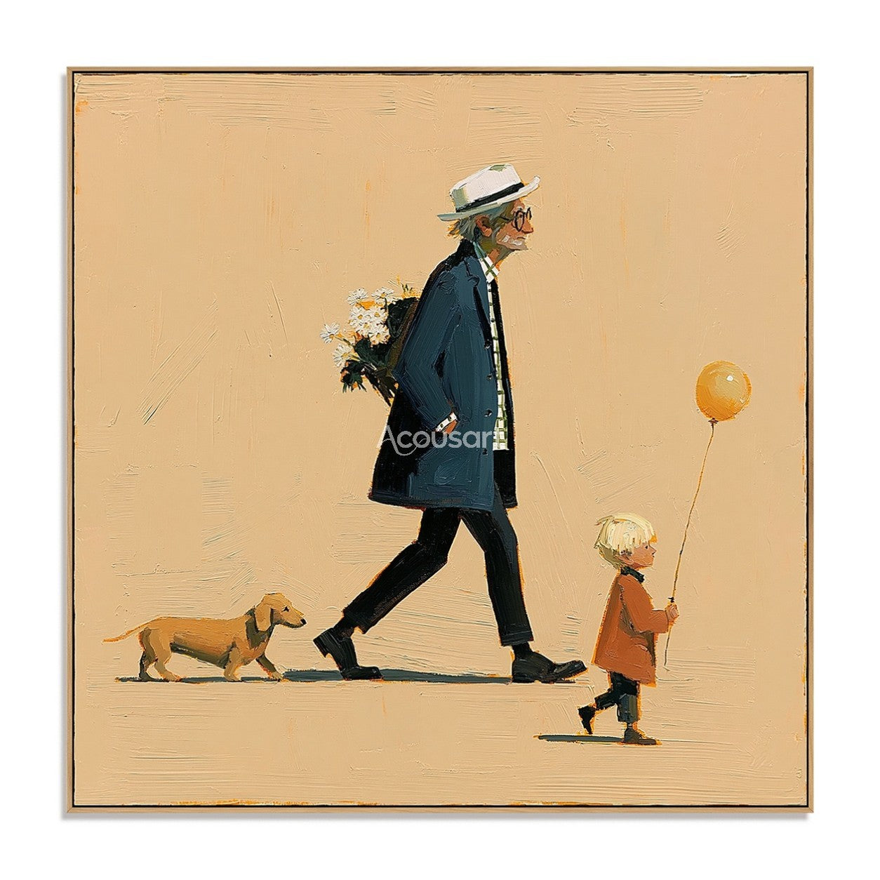 Family wall art showing an older man, child with yellow balloon, and small dog walking on a soft beige background