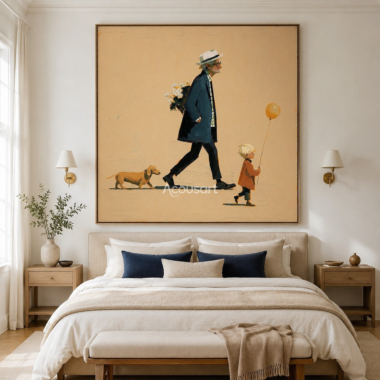 Family wall art showing an older man, child with yellow balloon, and small dog walking on a soft beige background