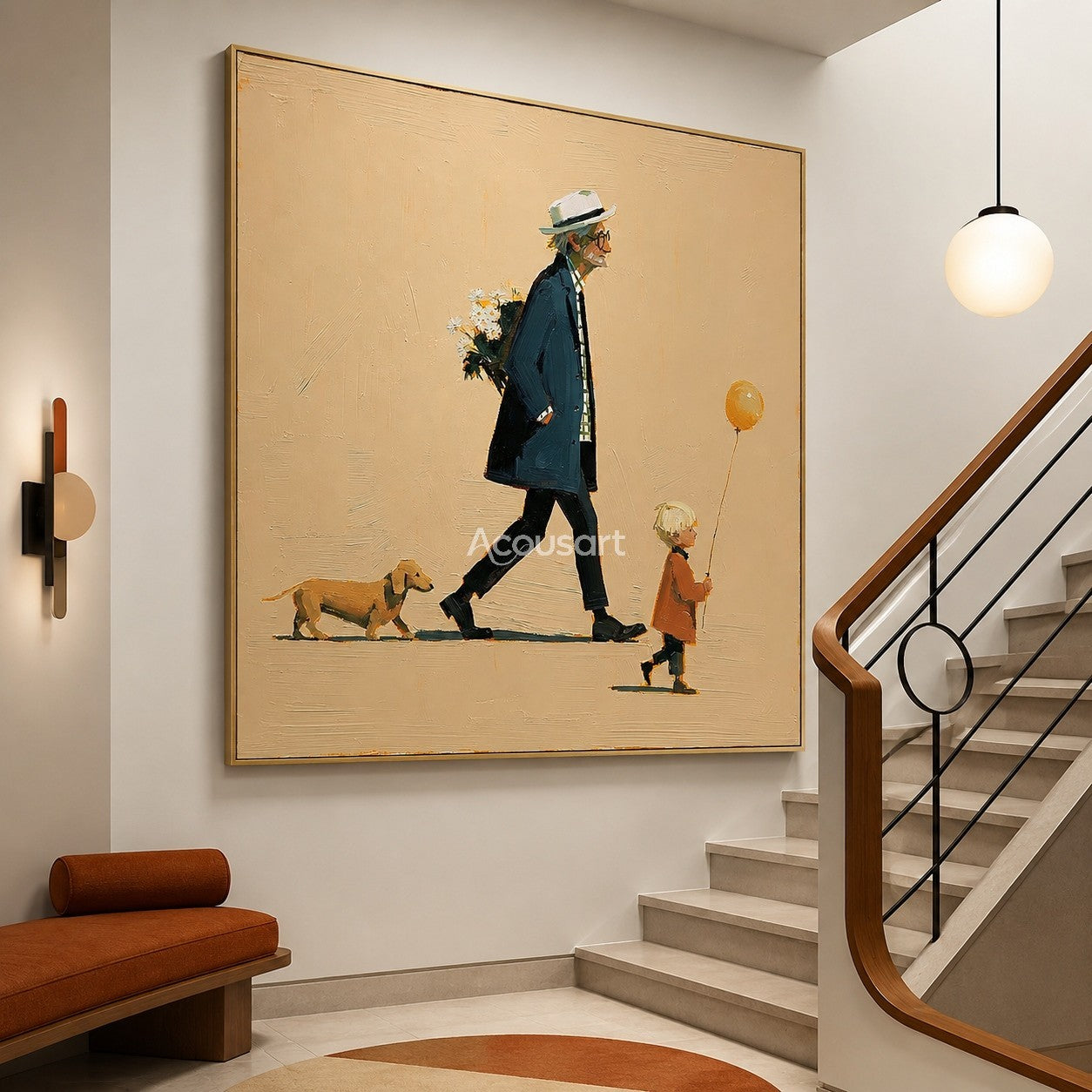 Family wall art showing an older man, child with yellow balloon, and small dog walking on a soft beige background