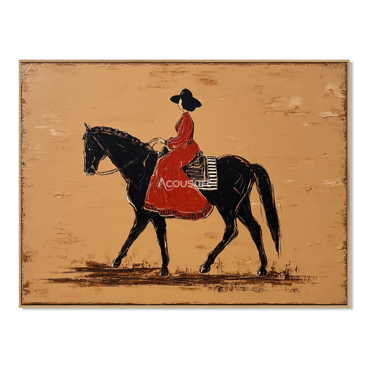 Western wall art of a woman in a red dress riding a black horse on a warm beige background