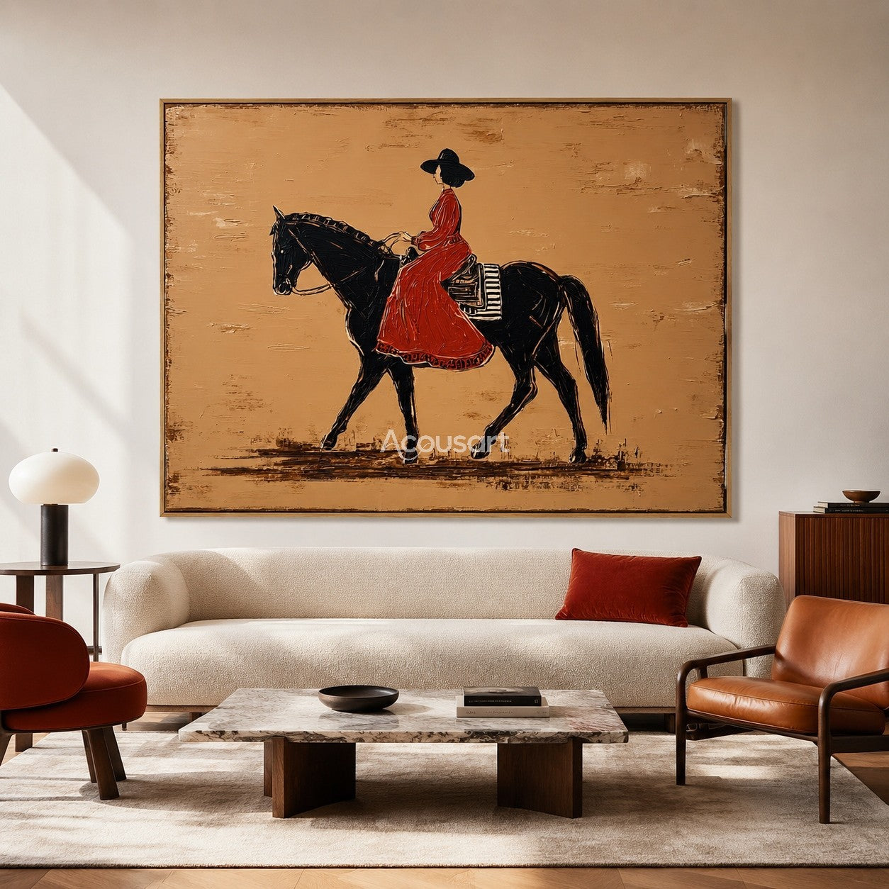 Western wall art of a woman in a red dress riding a black horse on a warm beige background