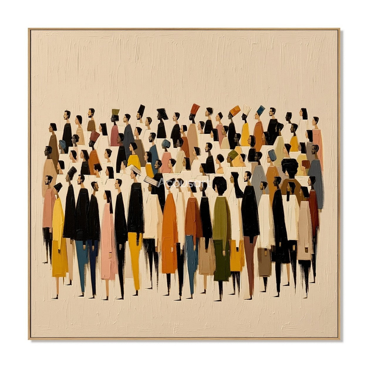 Modern figurative wall art showing a colorful crowd of people on a soft beige textured background