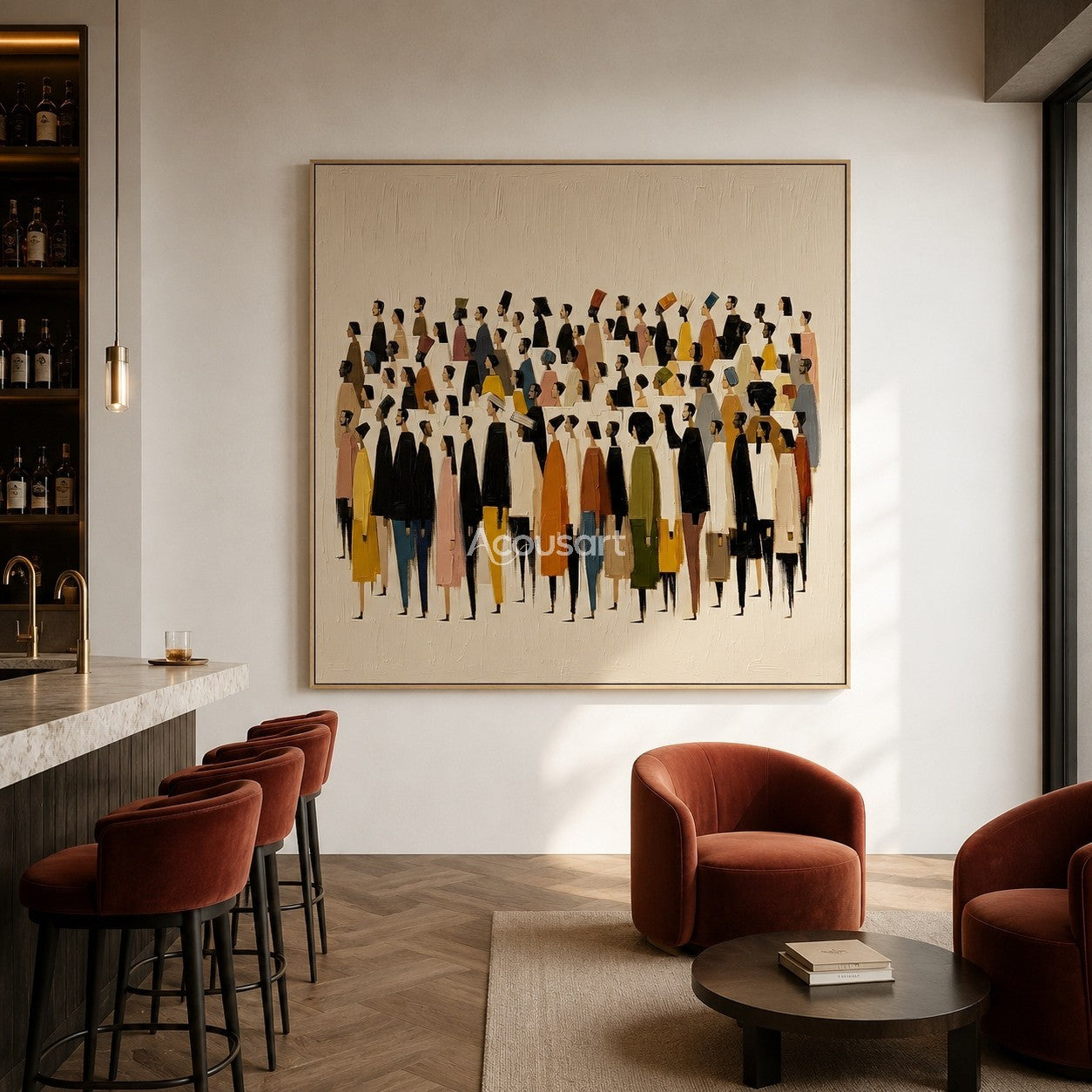 Modern figurative wall art showing a colorful crowd of people on a soft beige textured background