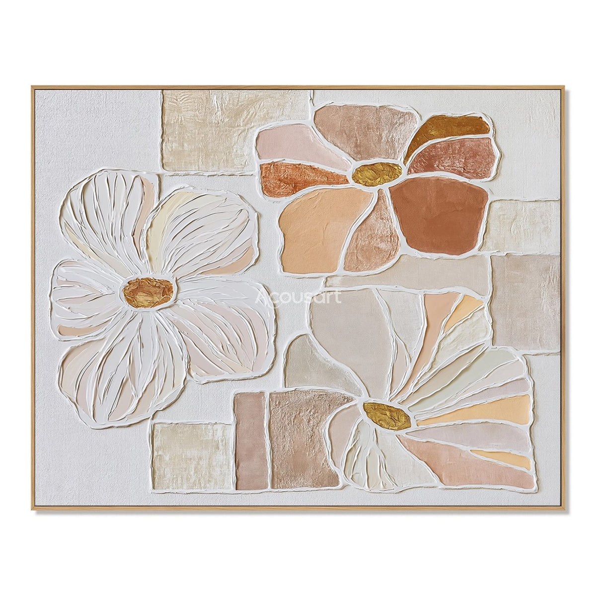 Textured floral wall art with cream, blush pink, peach, and terracotta flowers on a soft neutral background