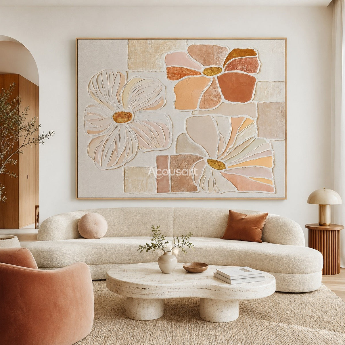 Textured floral wall art with cream, blush pink, peach, and terracotta flowers on a soft neutral background