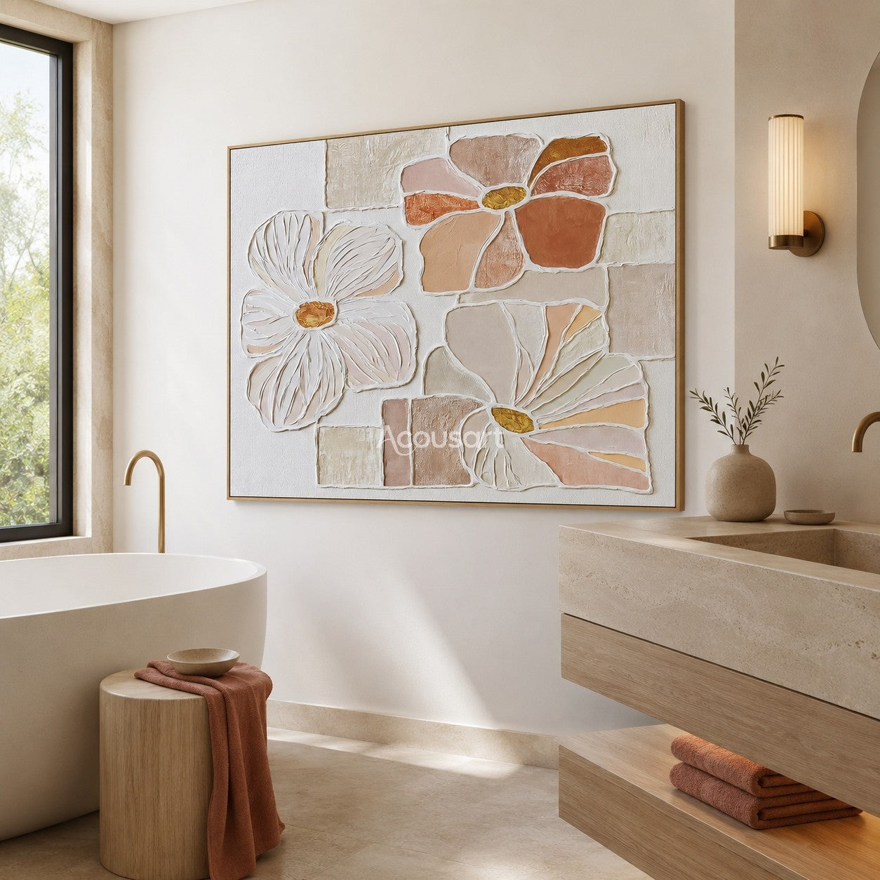 Textured floral wall art with cream, blush pink, peach, and terracotta flowers on a soft neutral background