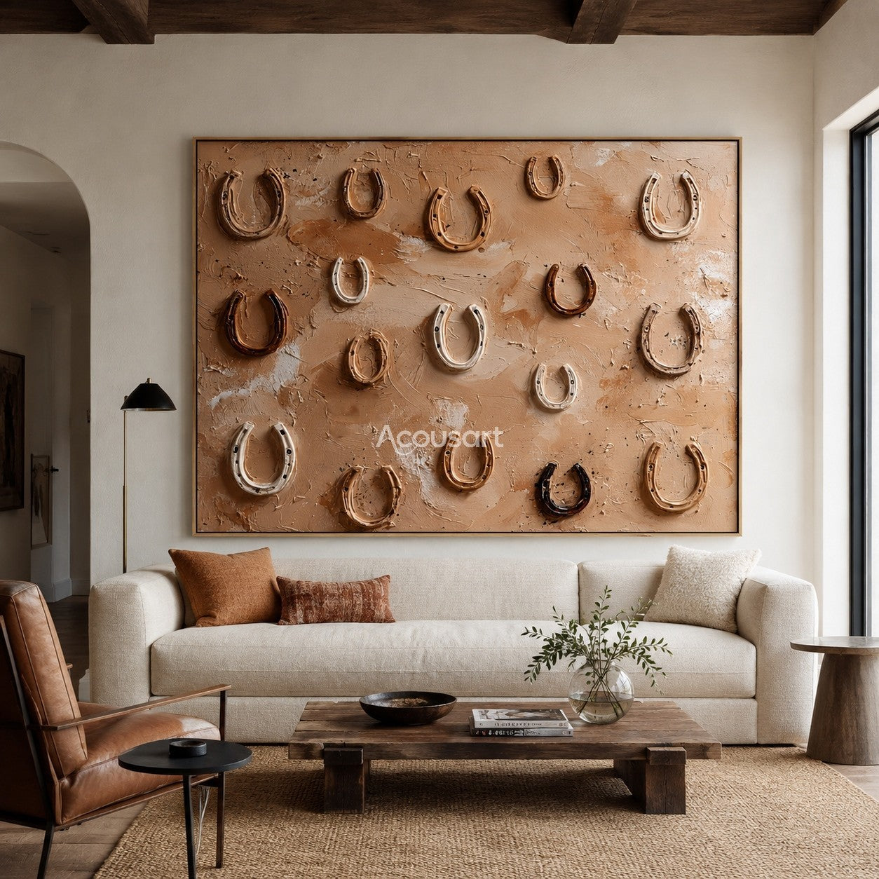 Western textured wall art featuring raised horseshoes on a warm beige rustic background