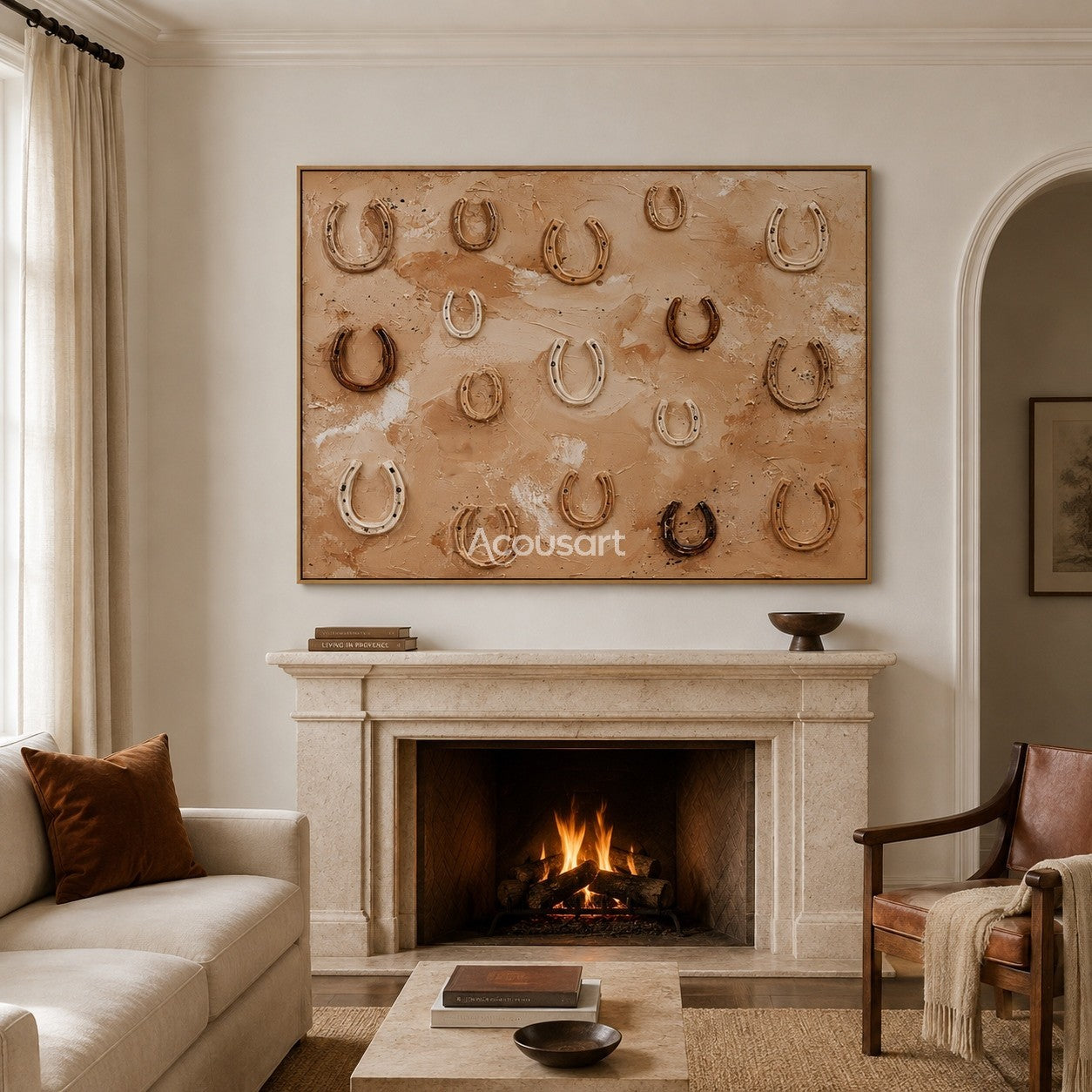 Western textured wall art featuring raised horseshoes on a warm beige rustic background