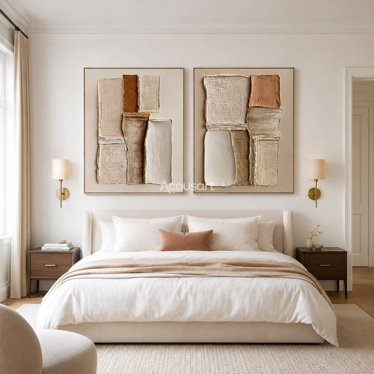 Neutral textured abstract wall art set with raised cream, beige, taupe, peach, and rust geometric blocks