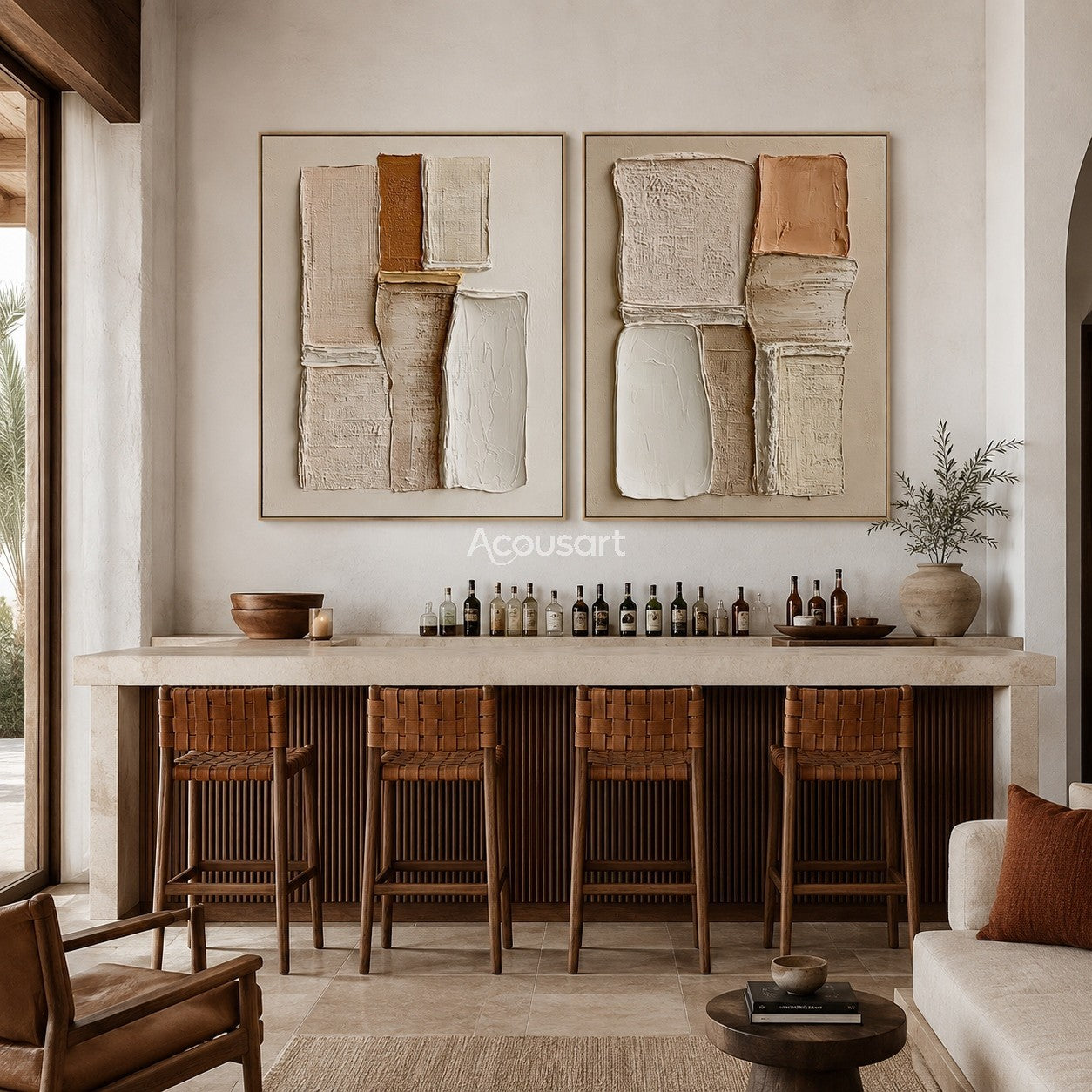 Neutral textured abstract wall art set with raised cream, beige, taupe, peach, and rust geometric blocks