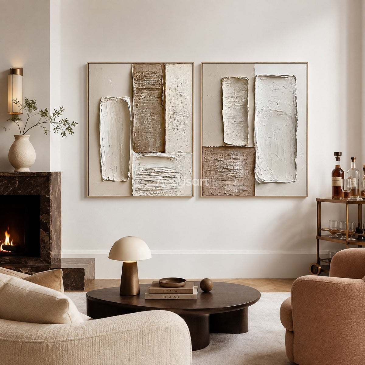 Neutral textured abstract wall art set with raised cream, beige, taupe, and brown block shapes