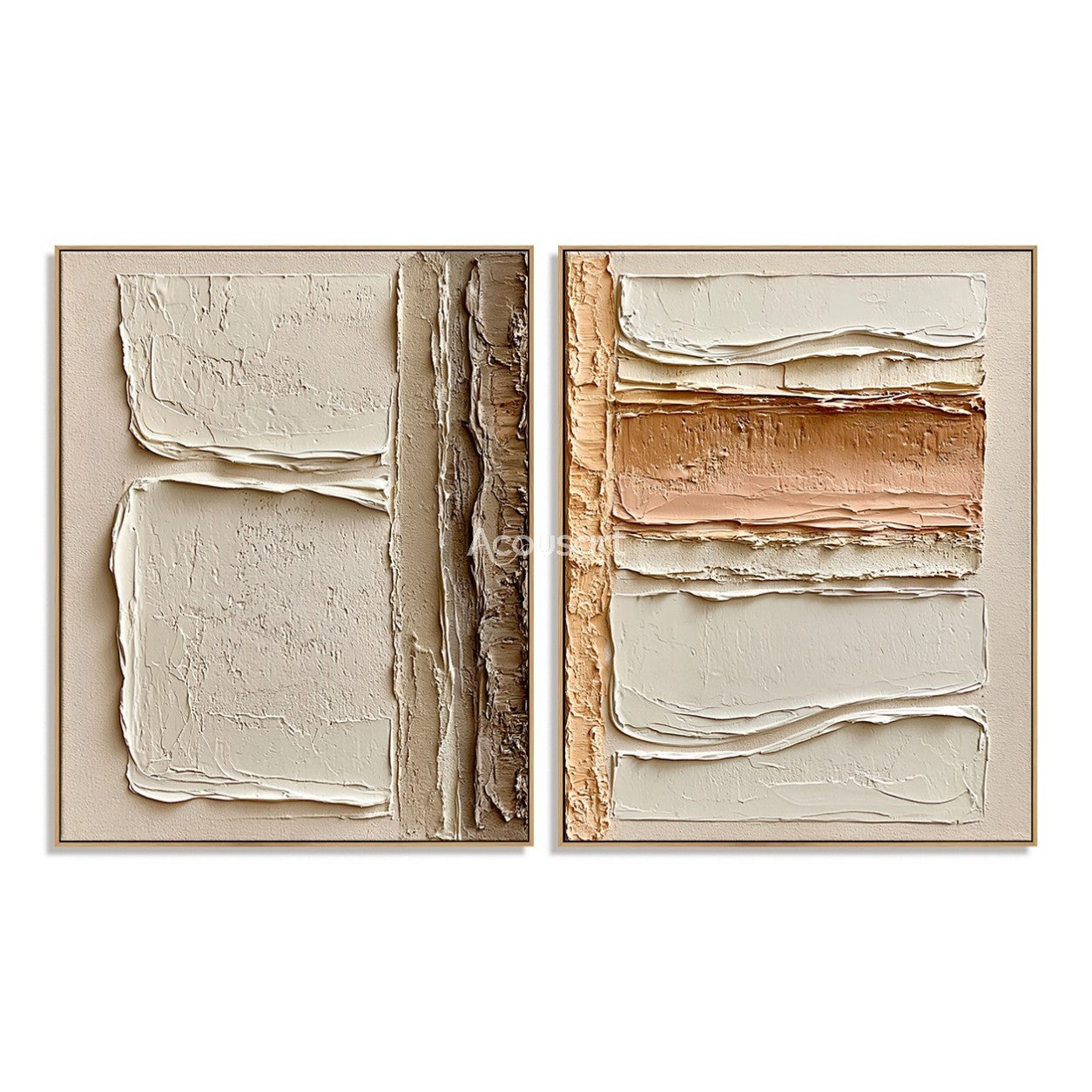 Neutral textured abstract wall art set with raised cream, beige, taupe, and clay layered block shapes