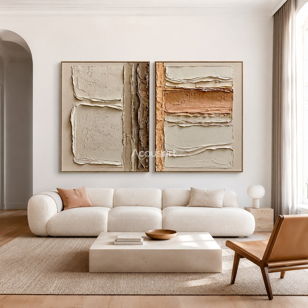 Neutral textured abstract wall art set with raised cream, beige, taupe, and clay layered block shapes