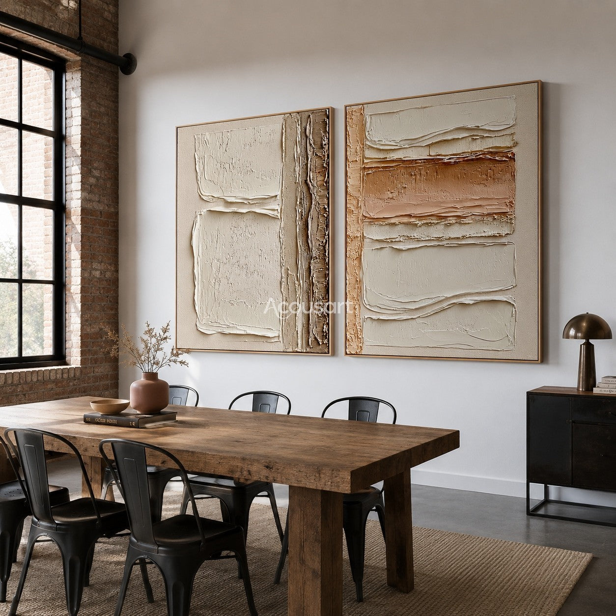 Neutral textured abstract wall art set with raised cream, beige, taupe, and clay layered block shapes