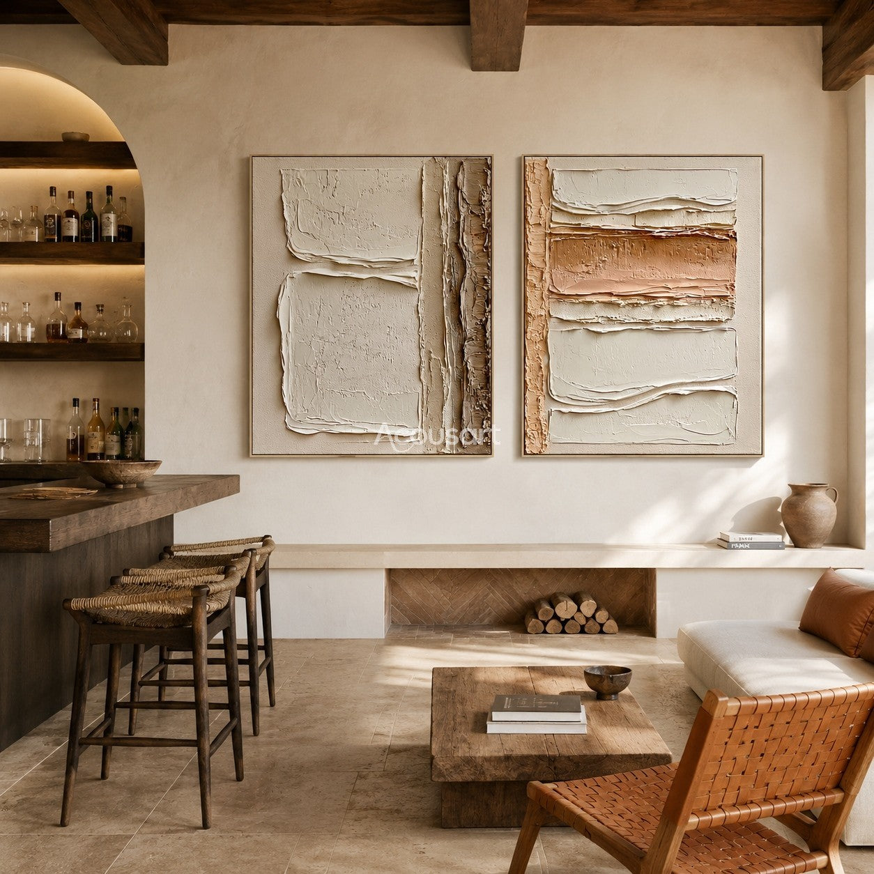 Neutral textured abstract wall art set with raised cream, beige, taupe, and clay layered block shapes